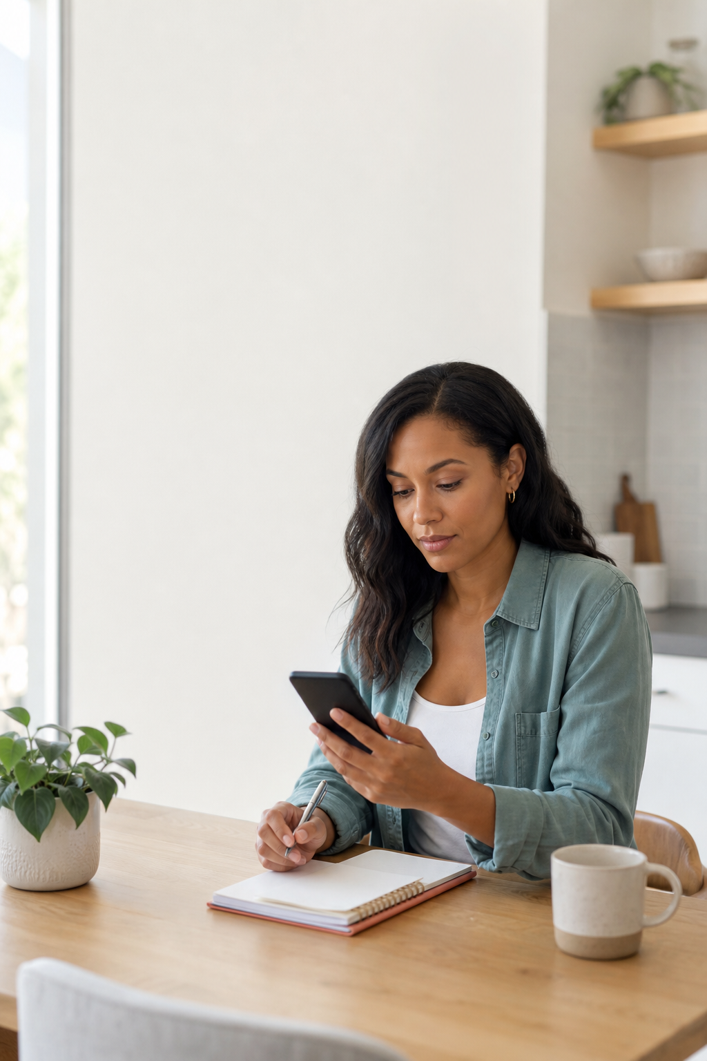 A person reviewing information on a phone and taking notes